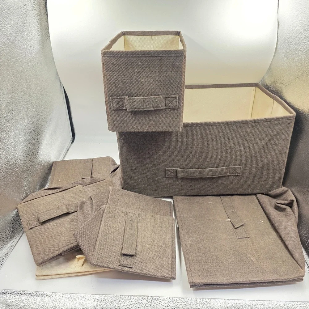 Brown Fabric Collapsible Storage Bins Set with Handles Woven Closet Organizers
